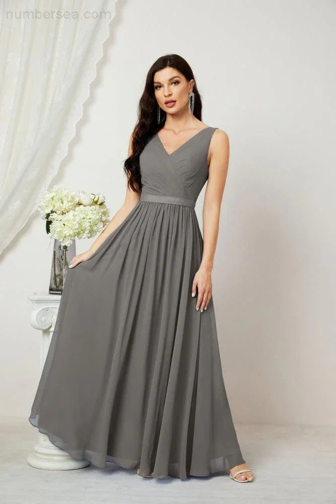 Abito da Sera Donna in Chiffon Lungo per Damigelle, Scollato, Senza Maniche, Linea A, per Feste Serali, Ballo di Fine Anno e Homecoming, Modello 2808