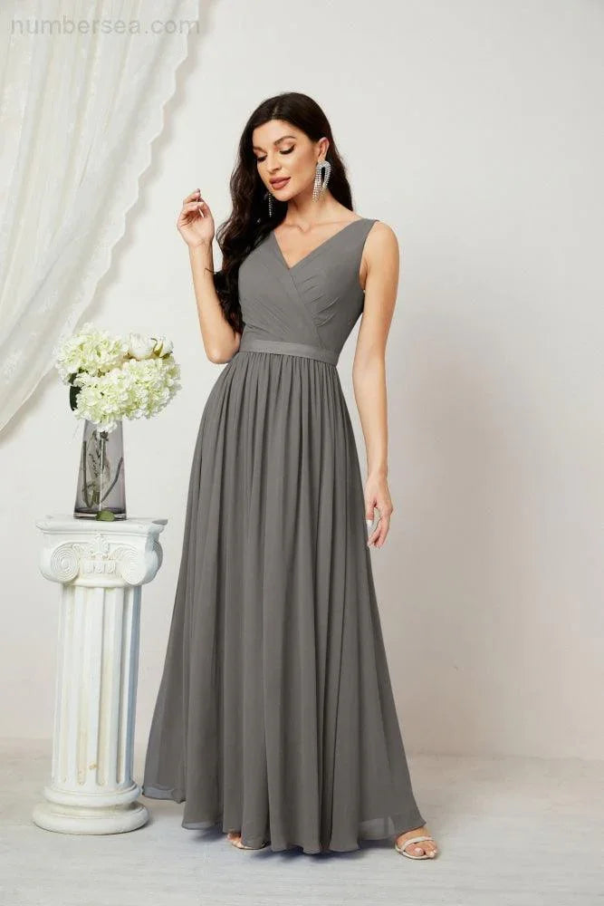 Abito da Sera Donna in Chiffon Lungo per Damigelle, Scollato, Senza Maniche, Linea A, per Feste Serali, Ballo di Fine Anno e Homecoming, Modello 2808