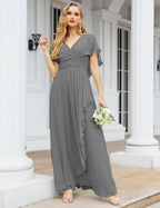 Numbersea Chiffon Bridesmaid Dresses Long Formal Evening Prom Mother of The Bride Dress with Flutter Sleeve     SEA28040