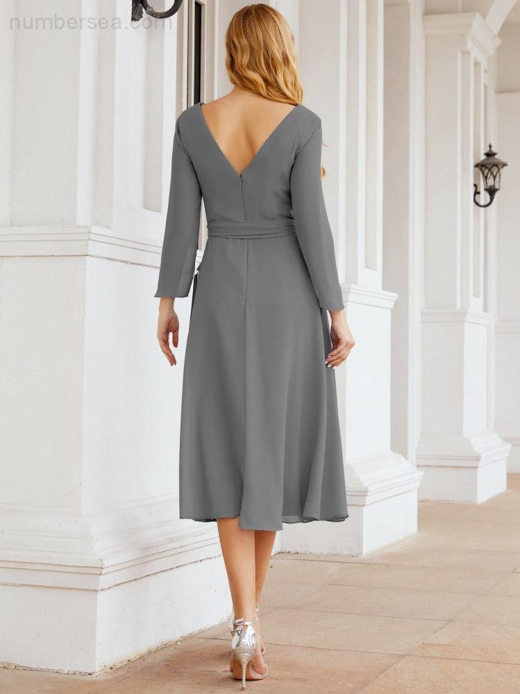 Vestido de madrinha com decote em V e cinto para mãe da noiva e convidada de casamento 28031 