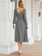 Vestido de madrinha com decote em V e cinto para mãe da noiva e convidada de casamento 28031 