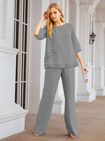 Numbersea Elegant 2 Piece Mother of The Bride Dress Plus Size Pant Suits Ruffle Layers Sliver Housecoat 28064