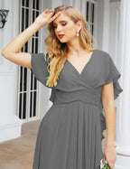 Numbersea Chiffon Bridesmaid Dresses Long Formal Evening Prom Mother of The Bride Dress with Flutter Sleeve     SEA28040