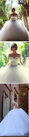 Wunderschönes Ballkleid-Brautkleid mit langen Illusionsärmeln, Perlen und Strasssteinen, Schnürung am Rücken, WD0200