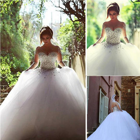 Wunderschönes Ballkleid-Brautkleid mit langen Illusionsärmeln, Perlen und Strasssteinen, Schnürung am Rücken, WD0200