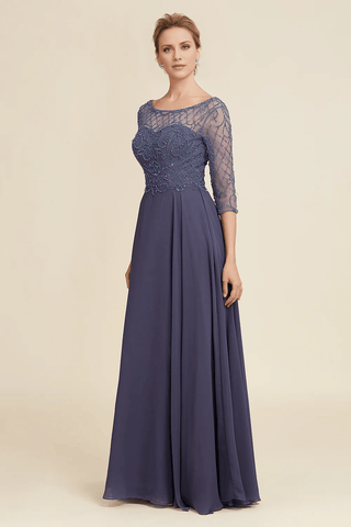 Kleid für die Brautmutter mit glitzernden Perlen in Grau und Blau