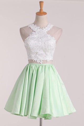 Zweiteiliges U-Ausschnitt-Heimkehrkleid A-Linie Satin mit Applikation PD411