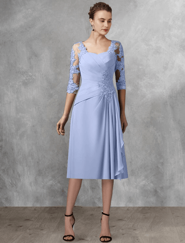 Zweiteiliges A-Linien-Kleid für die Mutter der Braut, Hochzeitsgast, eleganter quadratischer Ausschnitt, knielang, Chiffon, Spitze, halbe Ärmel, Wickelkleid inklusive, seitlich drapierte Applikationen