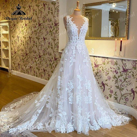 2022 Robe Mariee Ärmelloses Brautkleid mit V-Ausschnitt, Spitzenapplikation, errötendes Rosa, rückenfreies Brautkleid, Robe de Soirée de Mariage, elegant