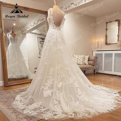 2022 Robe Mariee Ärmelloses Brautkleid mit V-Ausschnitt, Spitzenapplikation, errötendes Rosa, rückenfreies Brautkleid, Robe de Soirée de Mariage, elegant