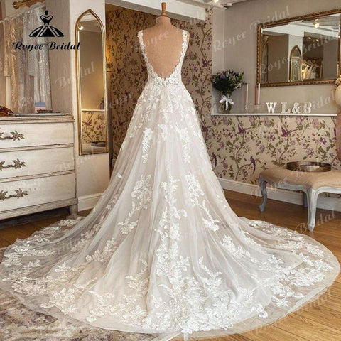 2022 Robe Mariee Ärmelloses Brautkleid mit V-Ausschnitt, Spitzenapplikation, errötendes Rosa, rückenfreies Brautkleid, Robe de Soirée de Mariage, elegant