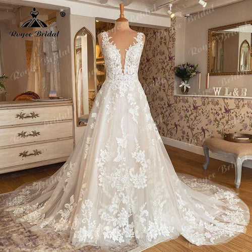 Abito da Sposa Senza Maniche Scollato a V con Applicazioni di Pizzo Rosa Cipria Senza Schienale 2022 Robe Mariee Elegante
