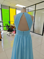 Numbersea Chiffon Floor Length Prom Dresses A-Line Halter Open Back Pleats