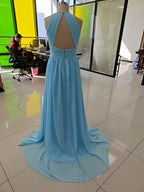 Numbersea Chiffon Floor Length Prom Dresses A-Line Halter Open Back Pleats