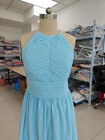 Numbersea Chiffon Bodenlange Ballkleider A-Linie Neckholder Offener Rücken Falten 