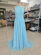 Numbersea Chiffon Floor Length Prom Dresses A-Line Halter Open Back Pleats