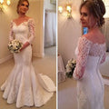 Encantador vestidos de noiva com decote ombro a ombro e manga comprida, estilo sereia, em cetim branco e renda, WD0206