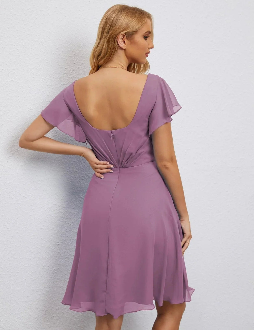 Vestido de Regreso a Casa con Espalda en U de Numbersea Vestido Formal para el Baile de Graduación Largo hasta la Rodilla Mangas Cortas Vestido para Fiesta de Cóctel 28077