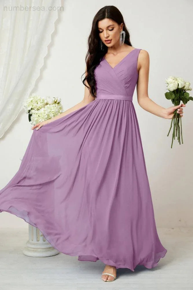 Abito da Sera Donna in Chiffon Lungo per Damigelle, Scollato, Senza Maniche, Linea A, per Feste Serali, Ballo di Fine Anno e Homecoming, Modello 2808