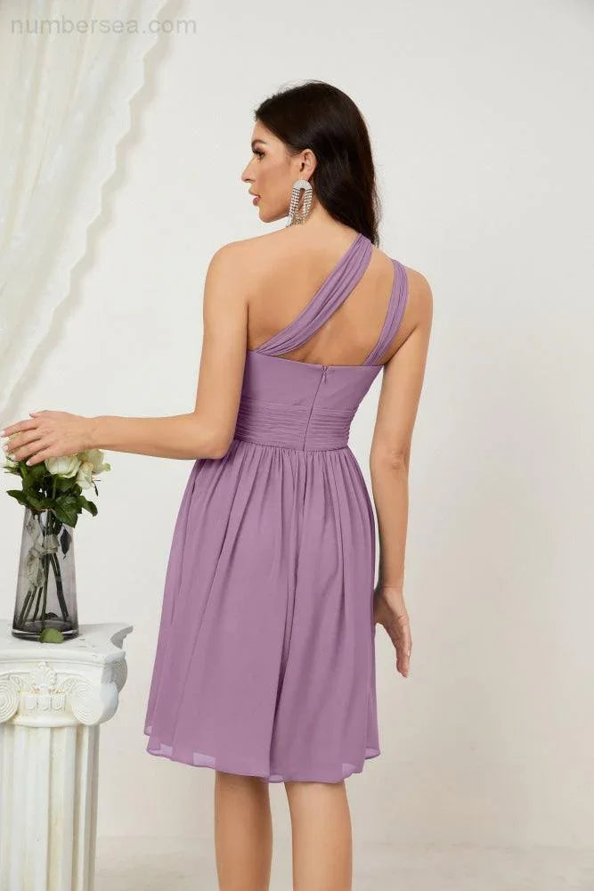 Vestido de dama de honor corto de chiffon de un hombro Numbersea para mujer Vestidos formales para fiesta y regreso a casa 2804