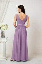 Abito da Sera Donna in Chiffon Lungo per Damigelle, Scollato, Senza Maniche, Linea A, per Feste Serali, Ballo di Fine Anno e Homecoming, Modello 2808