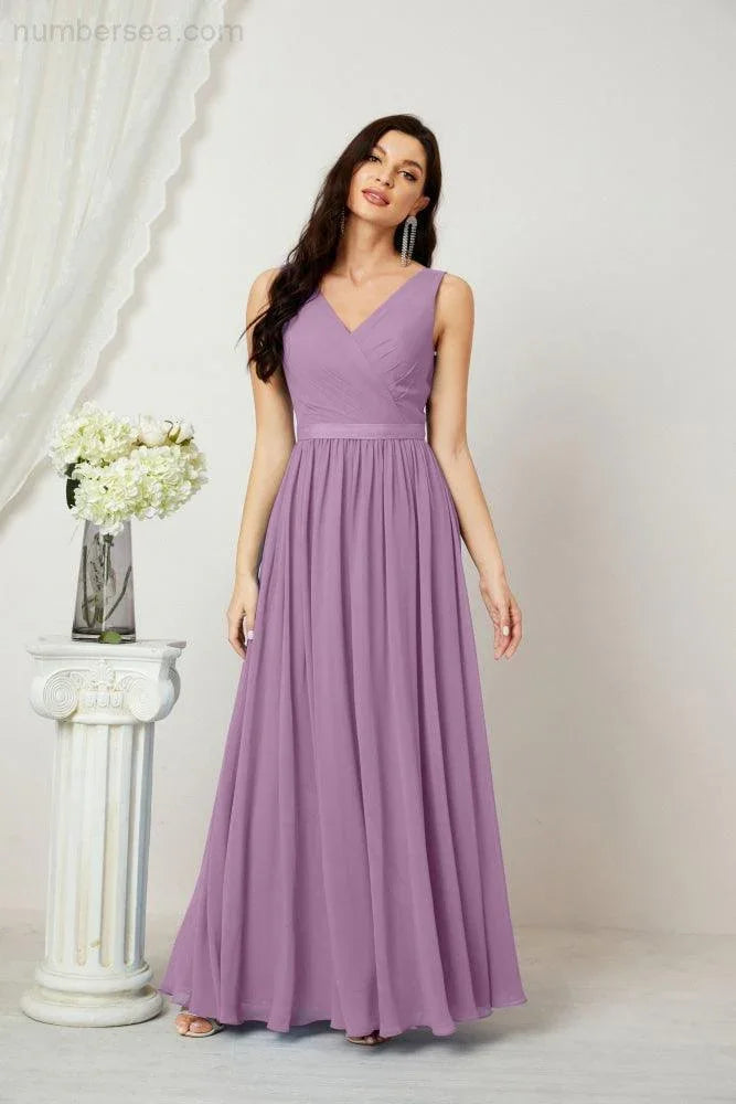Abito da Sera Donna in Chiffon Lungo per Damigelle, Scollato, Senza Maniche, Linea A, per Feste Serali, Ballo di Fine Anno e Homecoming, Modello 2808
