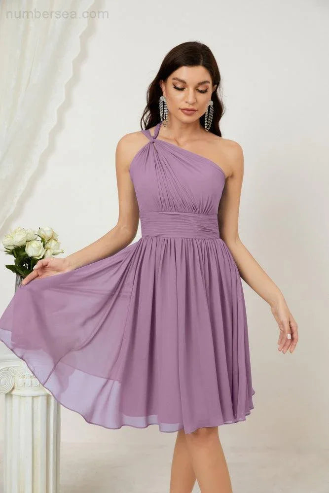 Vestido de dama de honor corto de chiffon de un hombro Numbersea para mujer Vestidos formales para fiesta y regreso a casa 2804