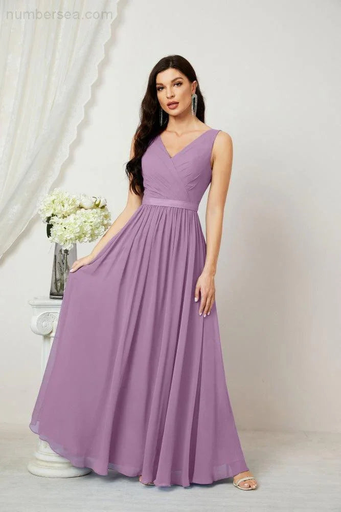 Abito da Sera Donna in Chiffon Lungo per Damigelle, Scollato, Senza Maniche, Linea A, per Feste Serali, Ballo di Fine Anno e Homecoming, Modello 2808