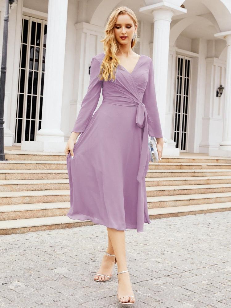 Vestido de madrinha com decote em V e cinto para mãe da noiva e convidada de casamento 28031 