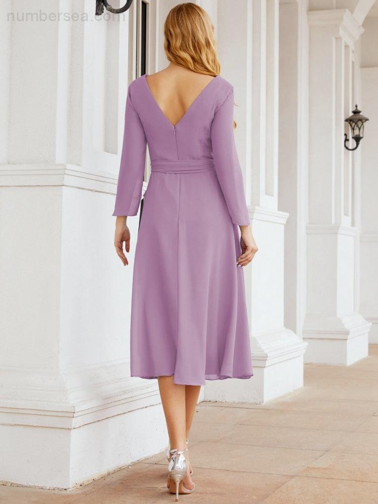 Vestido de madrinha com decote em V e cinto para mãe da noiva e convidada de casamento 28031 