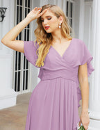 Numbersea Chiffon Bridesmaid Dresses Long Formal Evening Prom Mother of The Bride Dress with Flutter Sleeve     SEA28040