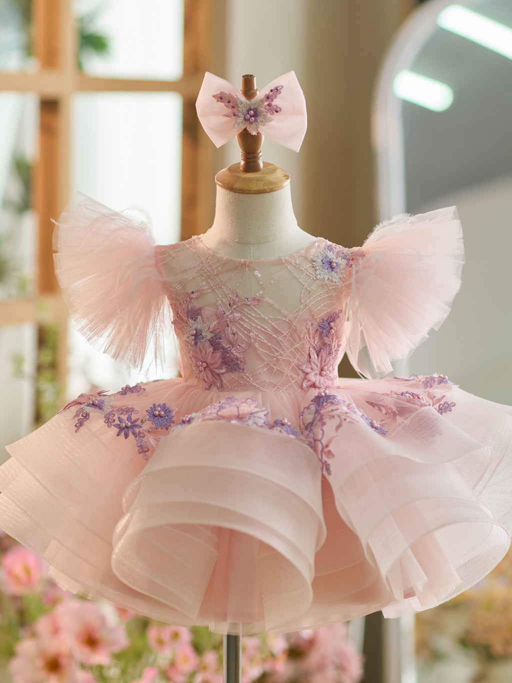 Floral Embroidery Puffy Sleeves Tulle Knee-length Baby Girl Dress - view 1