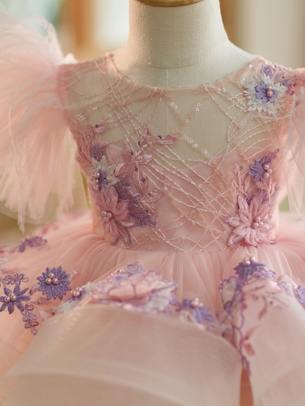 Floral Embroidery Puffy Sleeves Tulle Knee-length Baby Girl Dress - view 3