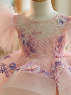 Floral Embroidery Puffy Sleeves Tulle Knee-length Baby Girl Dress - view 3