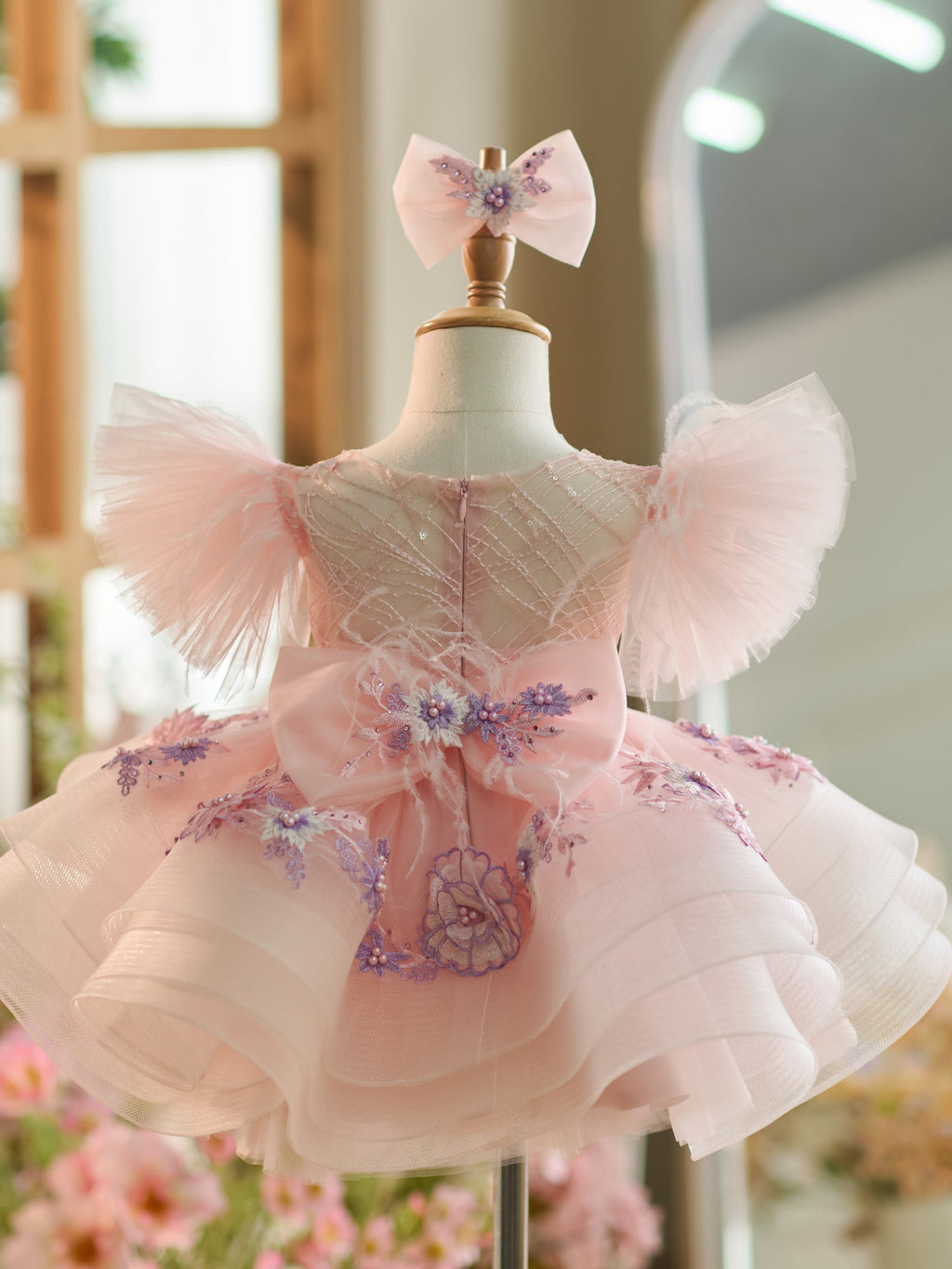 Floral Embroidery Puffy Sleeves Tulle Knee-length Baby Girl Dress - view 4