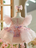 Floral Embroidery Puffy Sleeves Tulle Knee-length Baby Girl Dress - view 4
