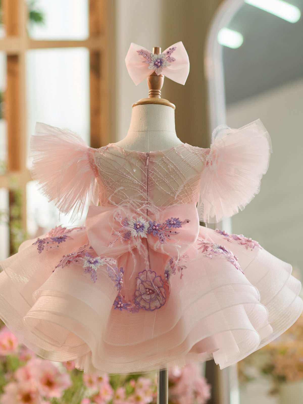 Floral Embroidery Puffy Sleeves Tulle Knee-length Baby Girl Dress - view 4