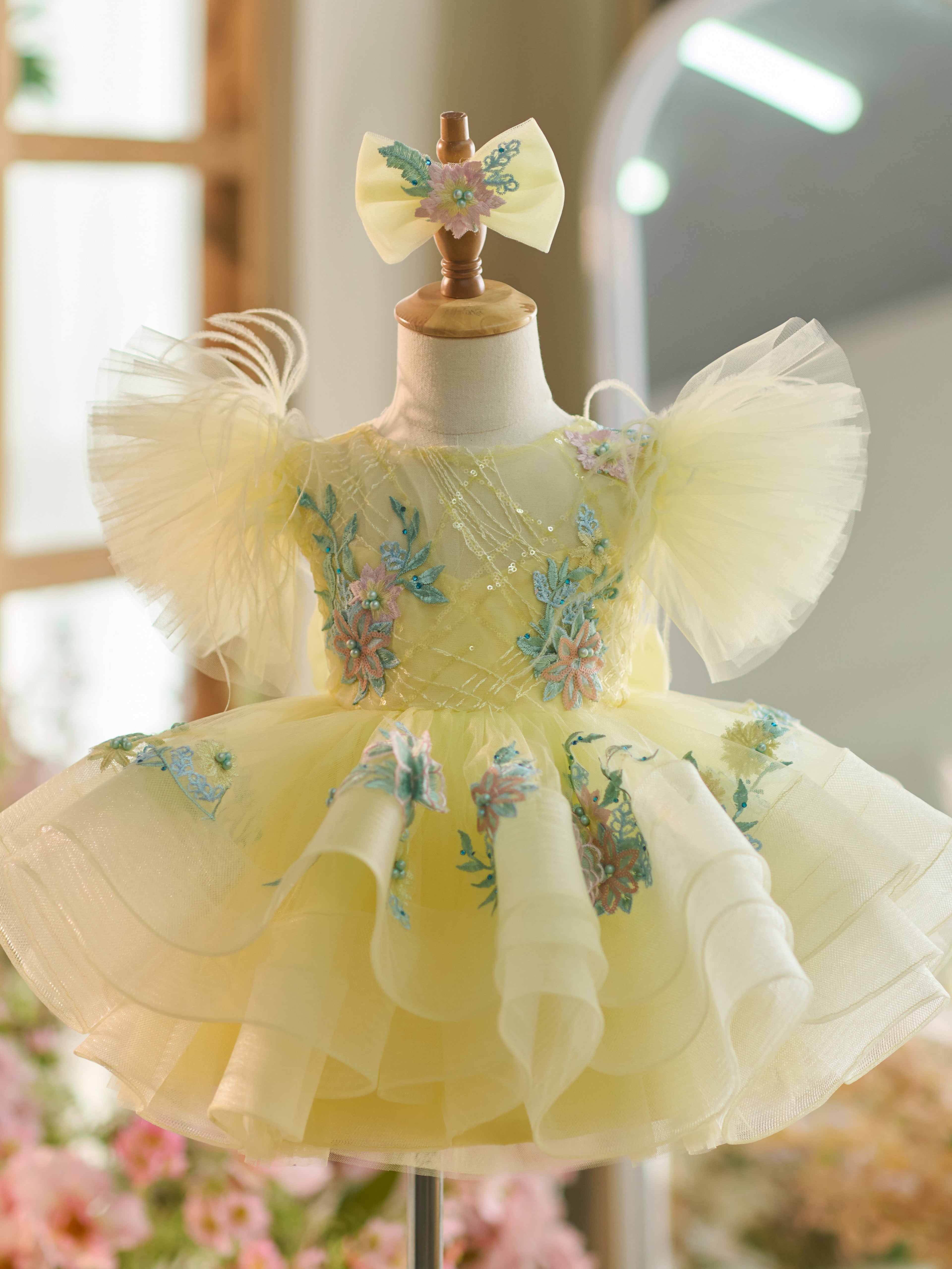 Floral Embroidery Puffy Sleeves Tulle Knee-length Baby Girl Dress - view 6