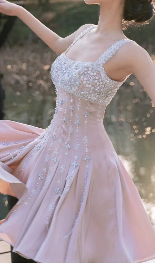 Robe de bal satin nude luxueuse à perles diamant main Y4542