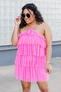 Vestido Halter com Sobreposição de Malha Sem Costas e Bainha em Camadas Cor-de-Rosa para Baile de Finalistas Y2569