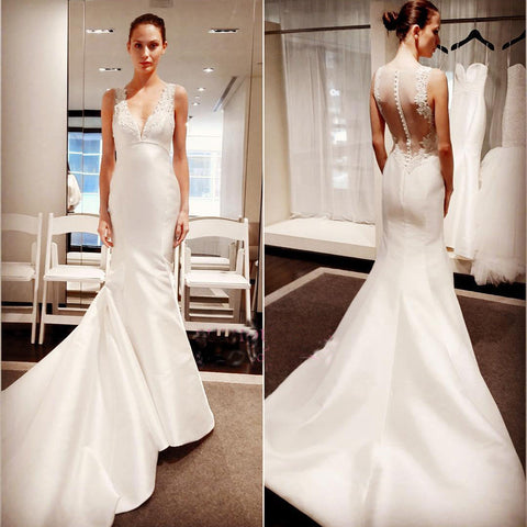 Klassische elegante einfache bescheidene Spitze billige Brautkleid Brautkleider, WD0202