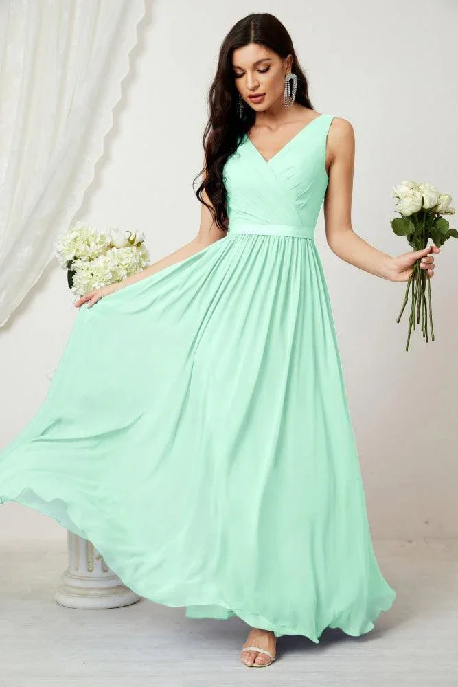 Vestido de dama de honor largo de gasa para mujer, línea A sin mangas, vestido formal de baile de graduación para fiesta nocturna, vestido de regreso a casa 2808