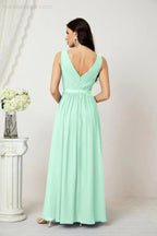 Abito da Sera Donna in Chiffon Lungo per Damigelle, Scollato, Senza Maniche, Linea A, per Feste Serali, Ballo di Fine Anno e Homecoming, Modello 2808