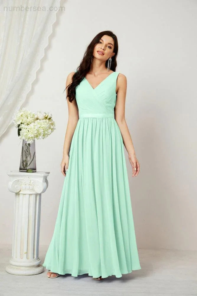 Abito da Sera Donna in Chiffon Lungo per Damigelle, Scollato, Senza Maniche, Linea A, per Feste Serali, Ballo di Fine Anno e Homecoming, Modello 2808