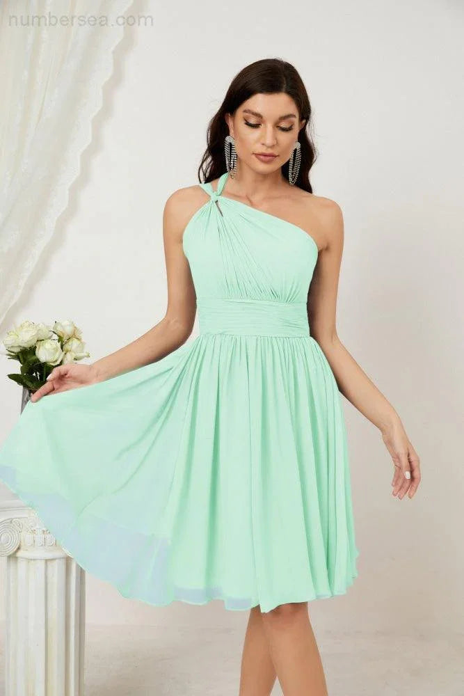 Vestido de dama de honor corto de chiffon de un hombro Numbersea para mujer Vestidos formales para fiesta y regreso a casa 2804
