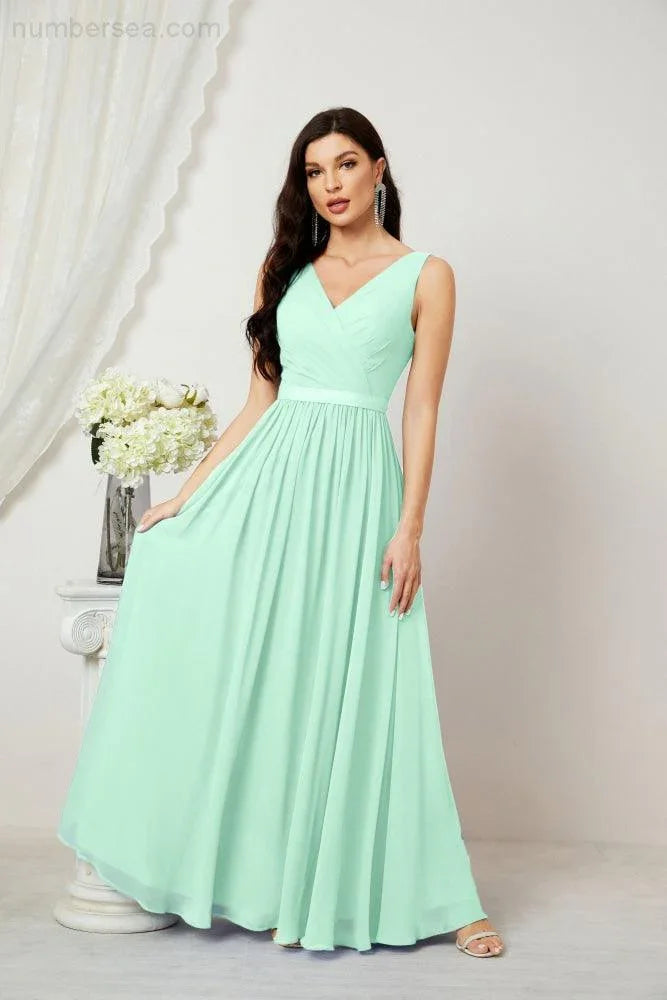 Abito da Sera Donna in Chiffon Lungo per Damigelle, Scollato, Senza Maniche, Linea A, per Feste Serali, Ballo di Fine Anno e Homecoming, Modello 2808