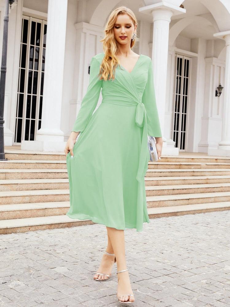 Vestido de madrinha com decote em V e cinto para mãe da noiva e convidada de casamento 28031 