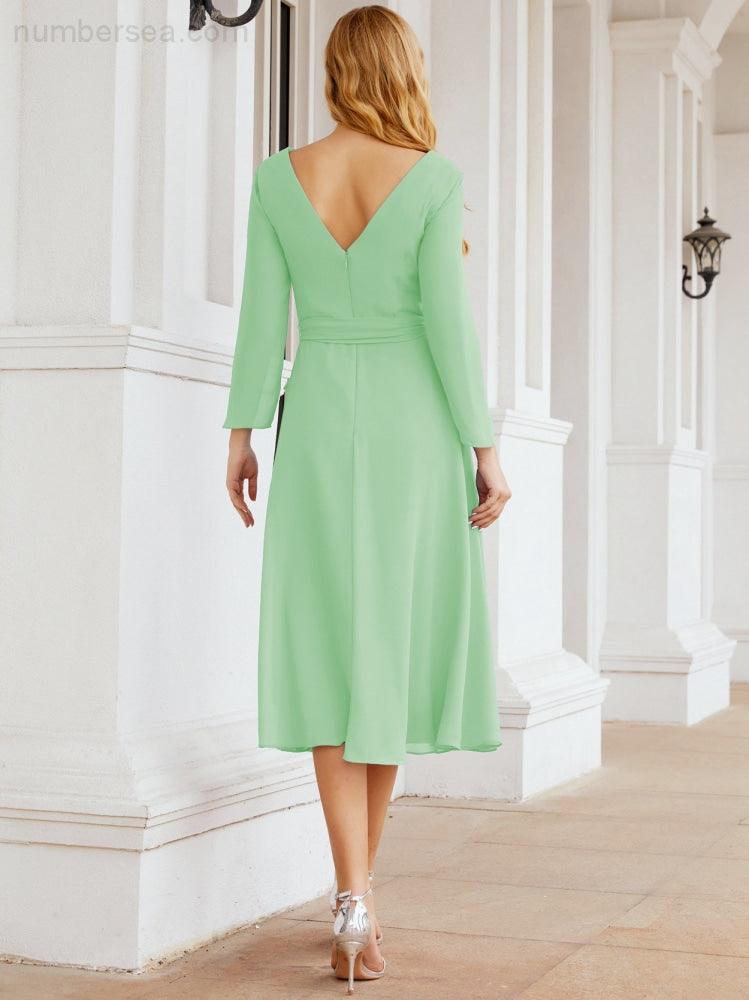 Vestido de madrinha com decote em V e cinto para mãe da noiva e convidada de casamento 28031 