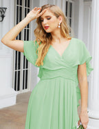 Numbersea Chiffon Bridesmaid Dresses Long Formal Evening Prom Mother of The Bride Dress with Flutter Sleeve     SEA28040