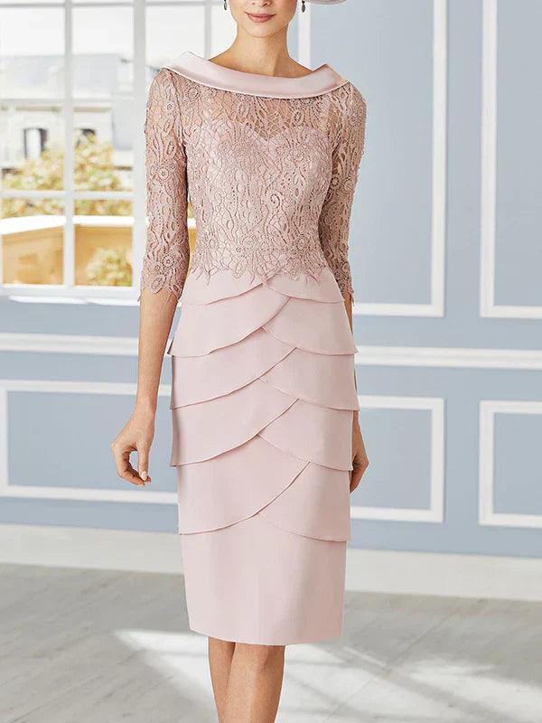 Vestidos para mãe da noiva, bainha, decote redondo, mangas 3/4, comprimento até ao joelho
